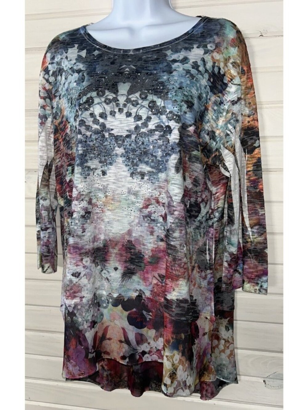 Jess & Jane Sz MEDIUM Art To Wear Tunic Chiffon Hem Blue Floral Studded EUC